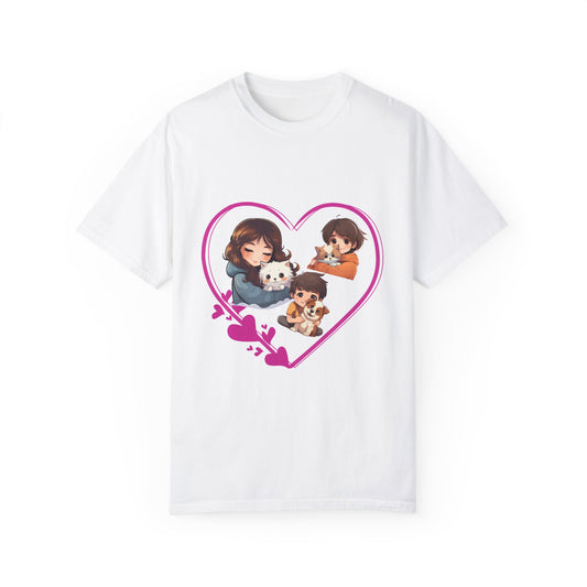 Unisex Garment-Dyed Tee with Heart & Paw Print Design