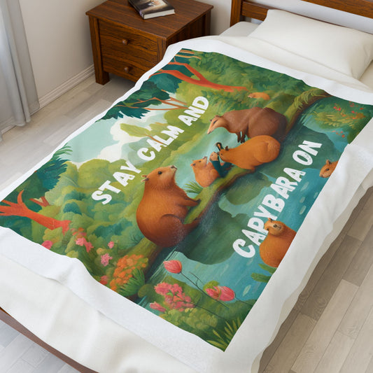 Stay Calm and Capybara On Velveteen Plush Blanket
